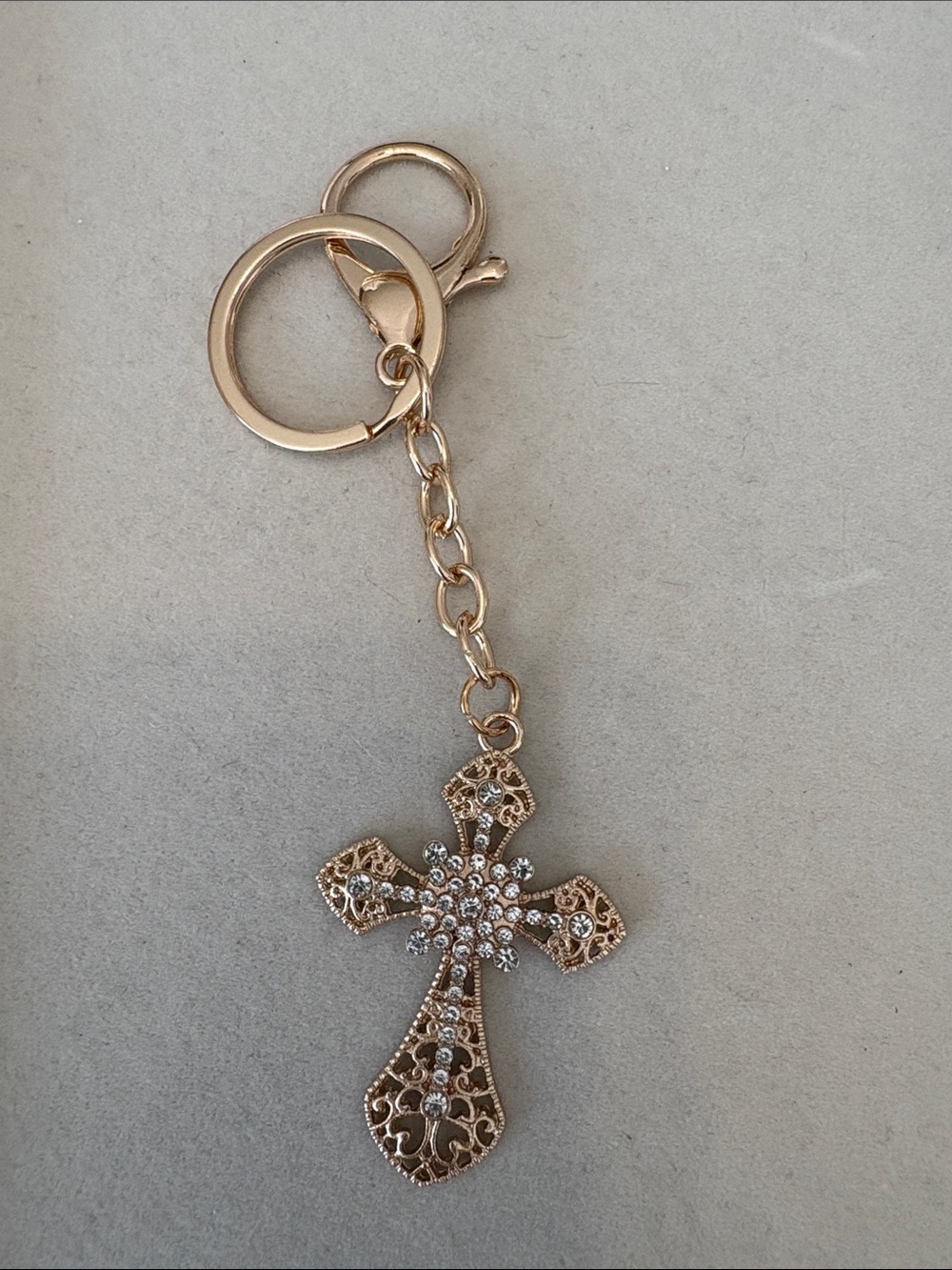 Gold-Tone Filigree Cross Keychain with Crystal Accents